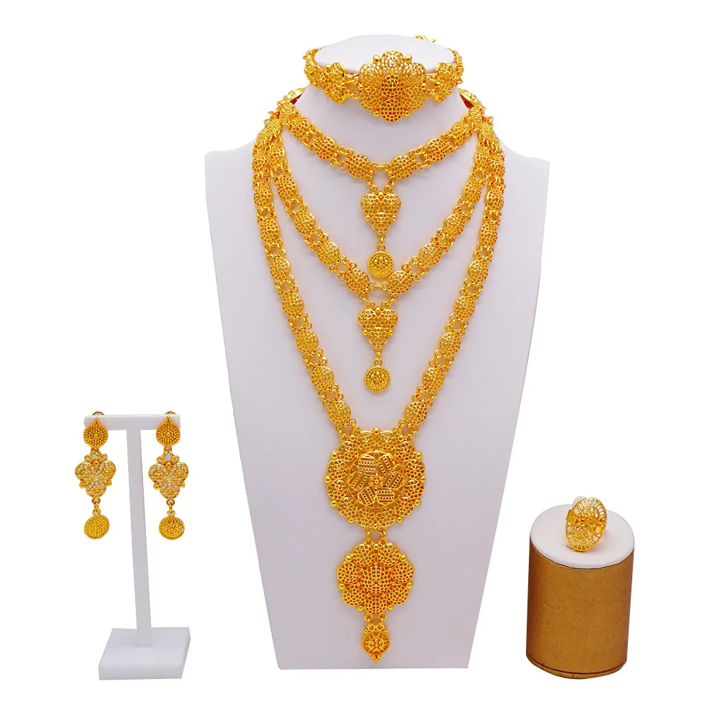 Dubai Gold Color Jewelry Set For Woman Bridal Nigerian African Long Chain Necklace Earrings Bracelet Ring Jewellery Set