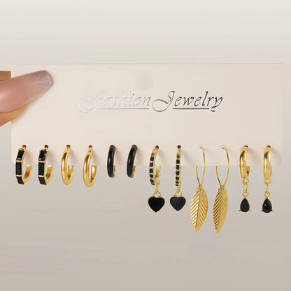 Simple 11 Pcs Black Heart  Leaf Butterfly Earrings Set for Women Fashion Temperament Hoop Earring Holiday Wedding Jewelry Gift