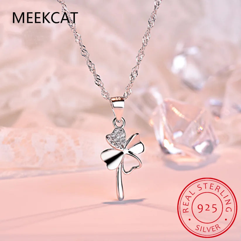 Cute Clover Style Crystal Pendants Necklace For Women Wedding Party Pure 925 Sterling Silver Lady Choker Necklaces Accessory