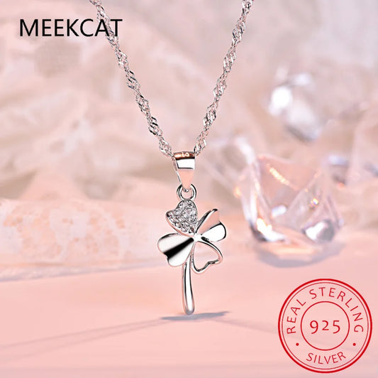 Cute Clover Style Crystal Pendants Necklace For Women Wedding Party Pure 925 Sterling Silver Lady Choker Necklaces Accessory