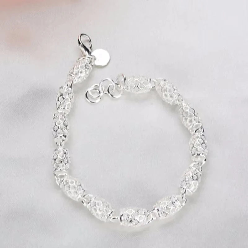 925 Silver Flower Beads Charm Bracelets For Women Hollow Ball Silver Bracelet Adjustable Wedding Party Jewelry Gifts