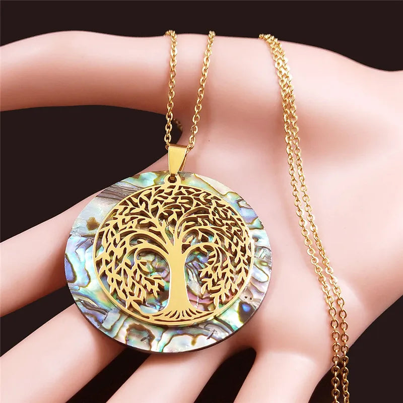 Tree of Life Stainless Steel Abalone Shell Natural Necklace Chain Gold Color Necklaces Mother Pearl Shell Boho Jewelry collar NX