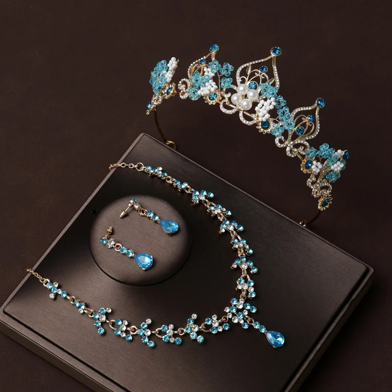 Itacazzo Bridal Headwear Set Crown Necklace Earrings Four Piece Classic Tiaras Suitable for Women's Wedding and Birthday Parties