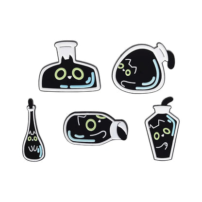 Cute Cat 4-6pcs/Set Enamel Pins Black Fluid Cat Brooches Lapel Badge Punk Animal Jewelry Gift for Friends