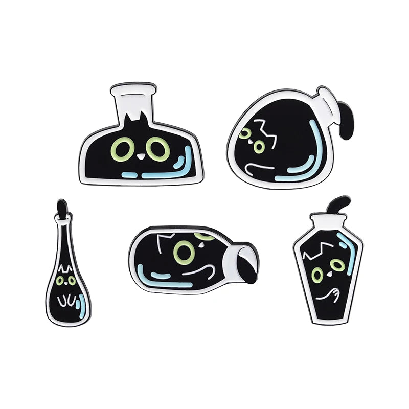 Cute Cat 4-6pcs/Set Enamel Pins Black Fluid Cat Brooches Lapel Badge Punk Animal Jewelry Gift for Friends