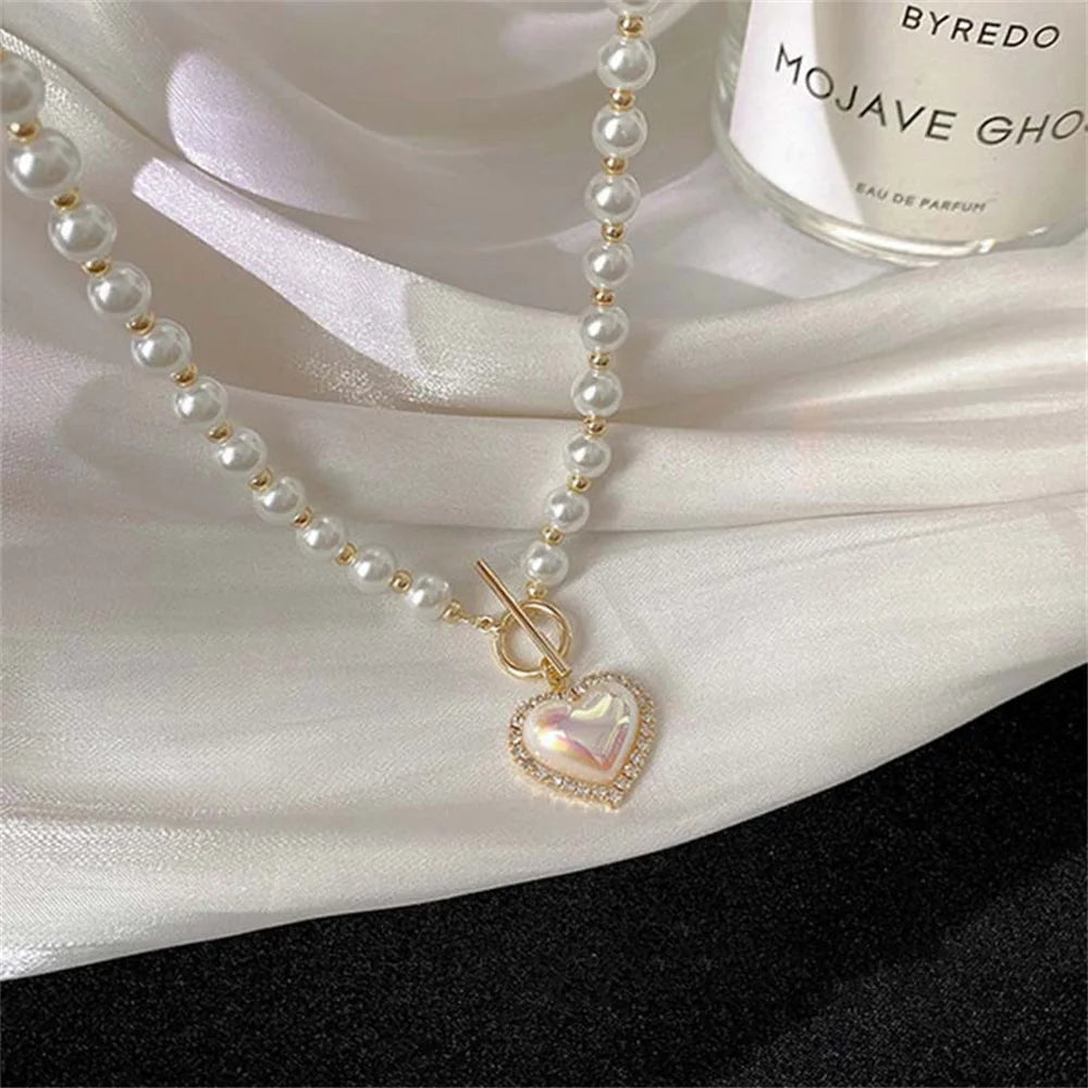 Elegant Pearl Necklace For Women Heart Pendant Necklaces Luxury Imitation Pearls Chain Necklaces Korean Jewelry Girls Gifts