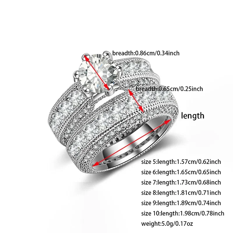 New Silver Color Bride Luxury Bold Big Wedding Rings Set for Bridal Women Engagement Finger Bold Party Gift Jewelry R4428