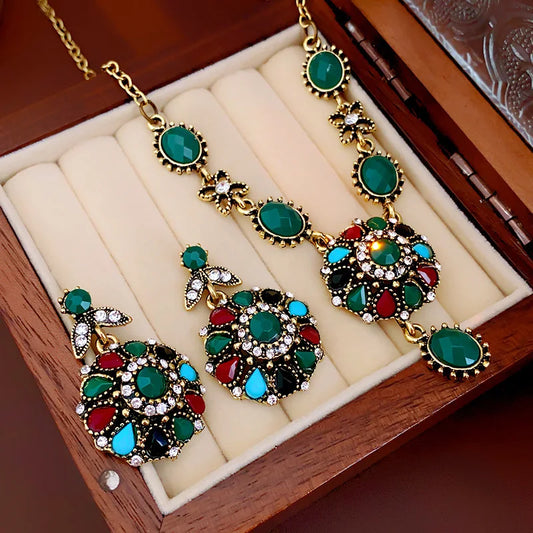 2 Pcs Colorful Inlaid Rhinestones Necklaces for Women Mediaeval Vintage Round Flower Pendant Dangle Earrings Jewelry Sets M1