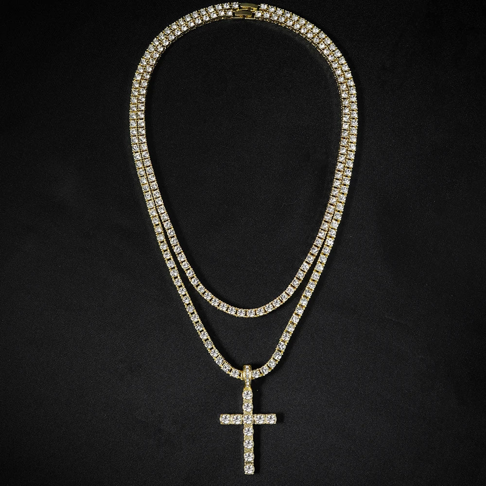 Men Women Hip Hop Cross Pendant Necklace Strap Men 4mm Zircon Tennis Chain Iced Sparkling Necklace Punk Jewelry Fashion Gift