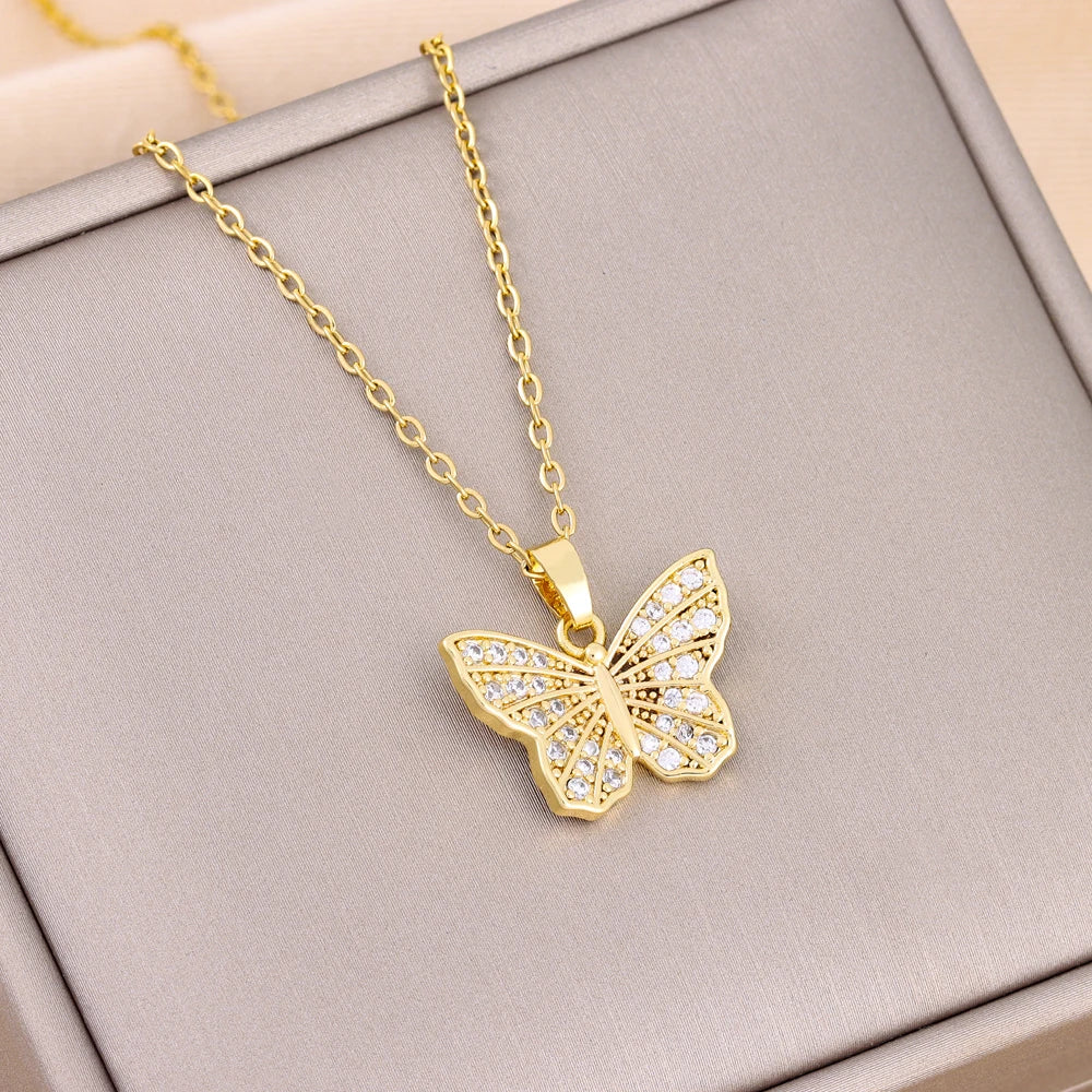 Trendy 18K Gold Plated Zircon Crystal Pendant Stainless Steel Necklace For Women Female Clavicle Chain Jewelry Lady Accessories