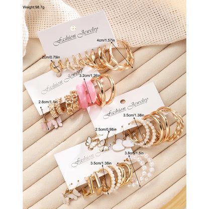 New European and American Earring Set for Women Gold Color Minimalist Big Circle Butterfly Heart Pearl Earrings Jewelry Gifts