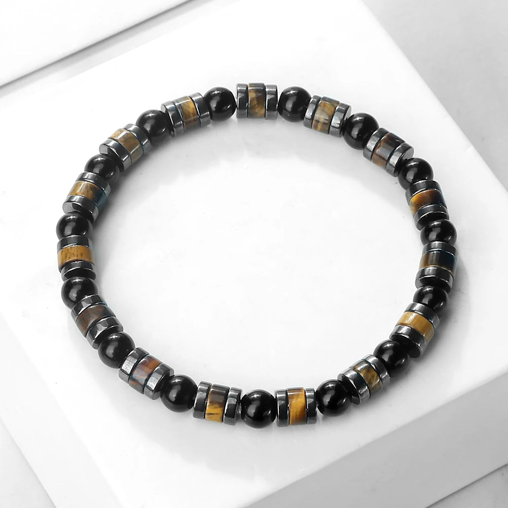 Men Bracelet Natural Tiger Eye Stone Cylindrical Beads Bracelets Hematite Spacer Handmade Adjustable Bangles Women Yoga Jewelry