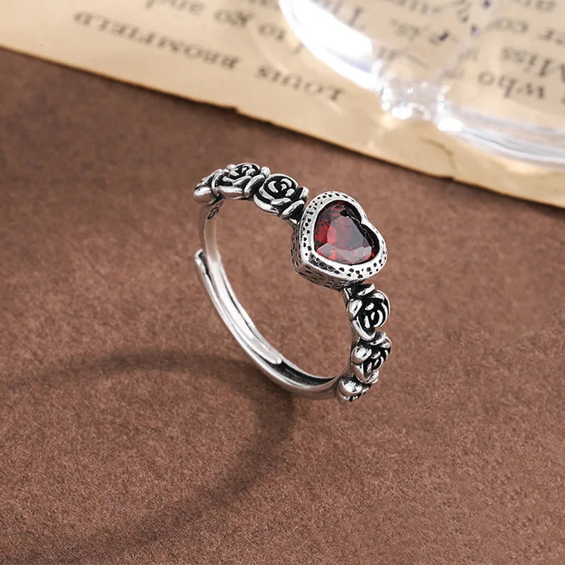 Romantic Love Heart Red Crystal Rose Flower Retro Thai Silver Female Finger Ring For Women Hand Jewellery Accessories