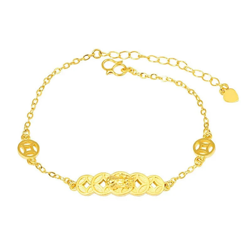 Women's 24K Gold Bracelet | Double Pixiu guarding coins, cloud - engraved chain, aged finish, classic & eye - catching