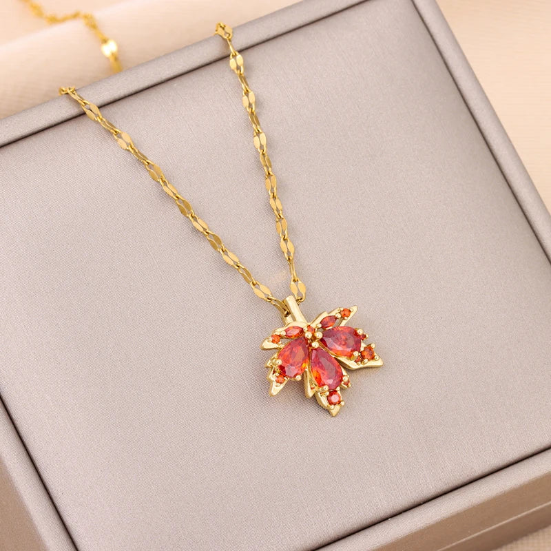 Trendy 18K Gold Plated Zircon Crystal Pendant Stainless Steel Necklace For Women Female Clavicle Chain Jewelry Lady Accessories
