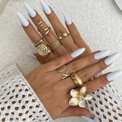 Vintage Smooth Flower Shell Design Ring Set Fashion Elegant Bohemian Starfish Personalized Ring Party Holiday Daily Wear Jewelry