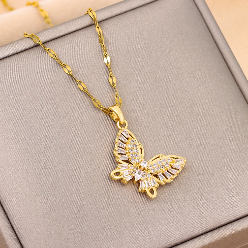 Trendy 18K Gold Plated Zircon Crystal Pendant Stainless Steel Necklace For Women Female Clavicle Chain Jewelry Lady Accessories