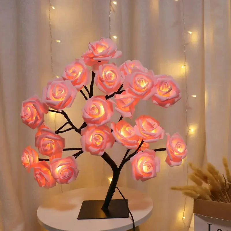 Rose Blossom Tree Night Light LED Lighted Tabletop Artificial Flower Bonsai Tree Lamp USB Gifts for Christmas Home Decor