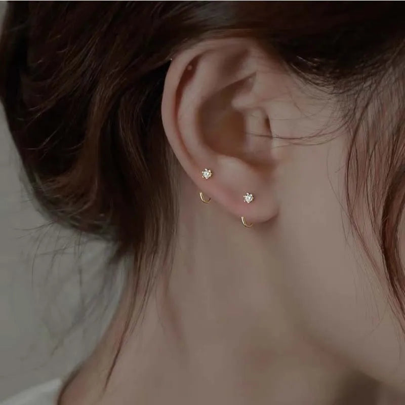 Exquisite Zircon Round Stud Earrings For Women Men Simple Silver Color Mini Heart Square Ear Bone Piercing Earrings Jewelry