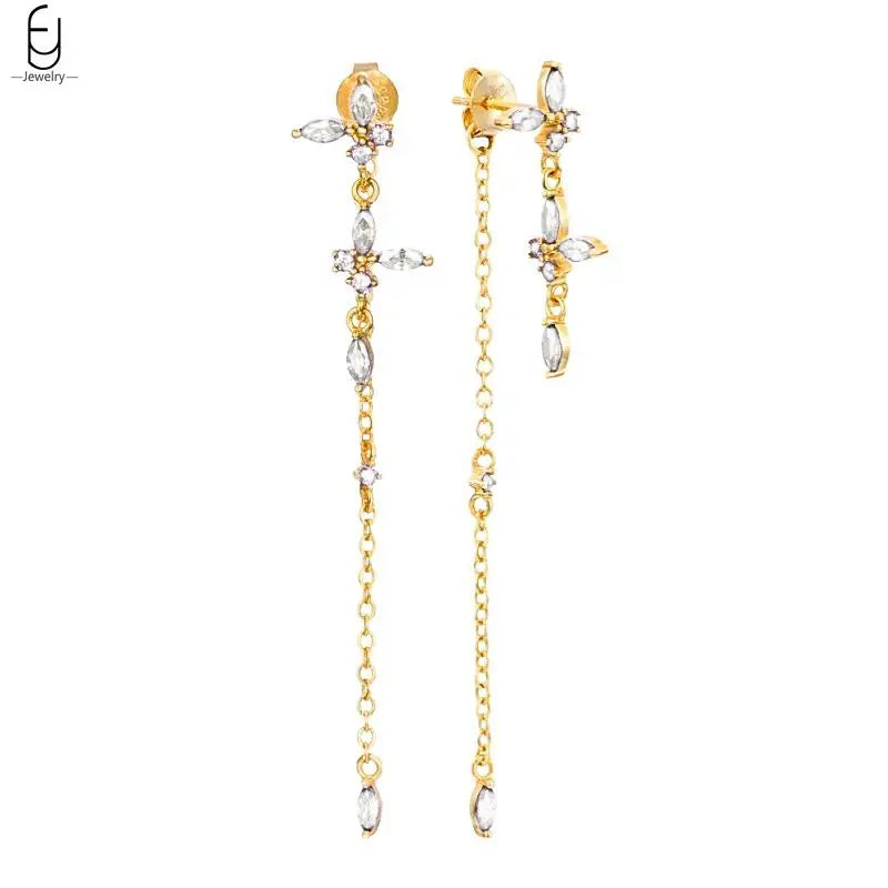 925 Sterling Silver Needle Vintage Gold Earrings Luxury Long Chain Tassel Crystal Hoop Earrings for Women Party Trend Jewelry