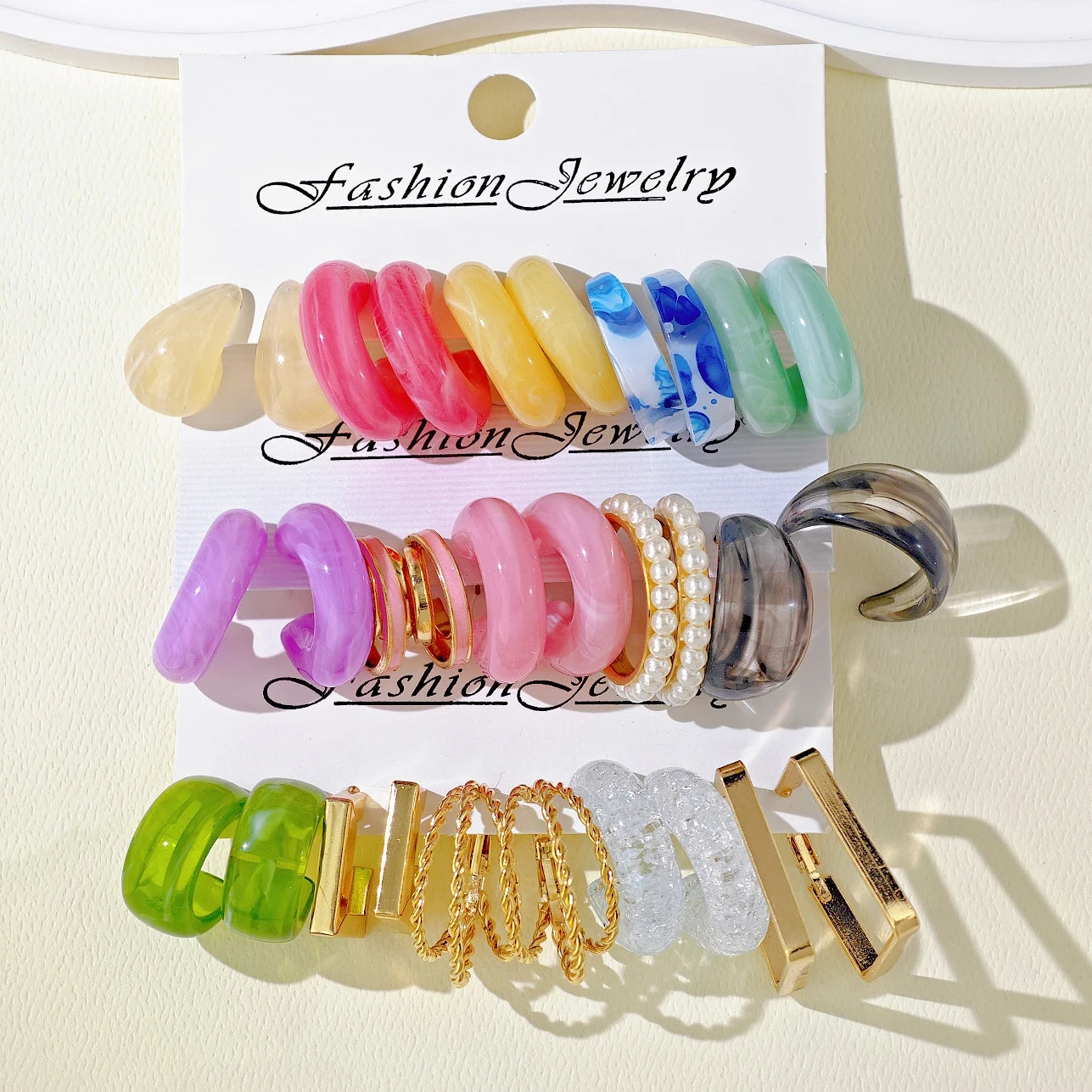 Bohemian Colorful C Shape Acrylic Hoop Geometric Square Metal Earrings Set