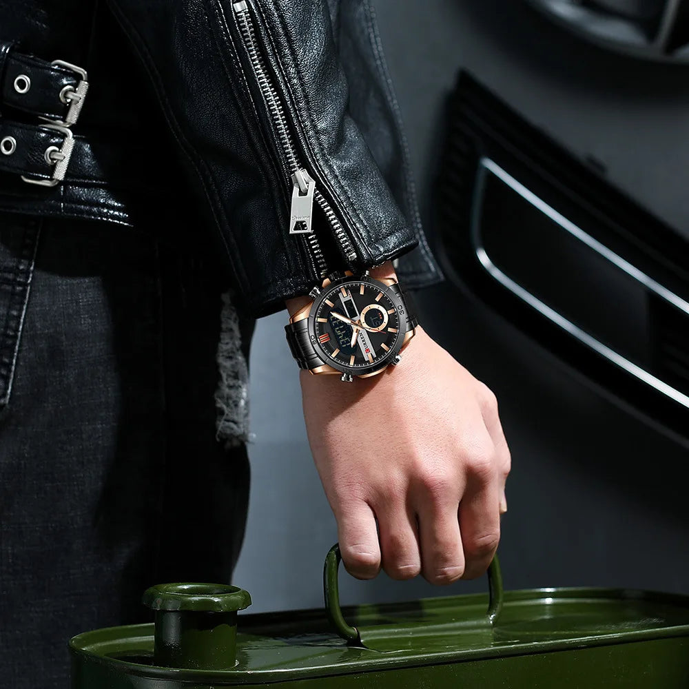 Curren 8384 Men's Multifunctional Watch, Dual-display Movement Luminous Calendar & Week Steel-strap Wristwatch