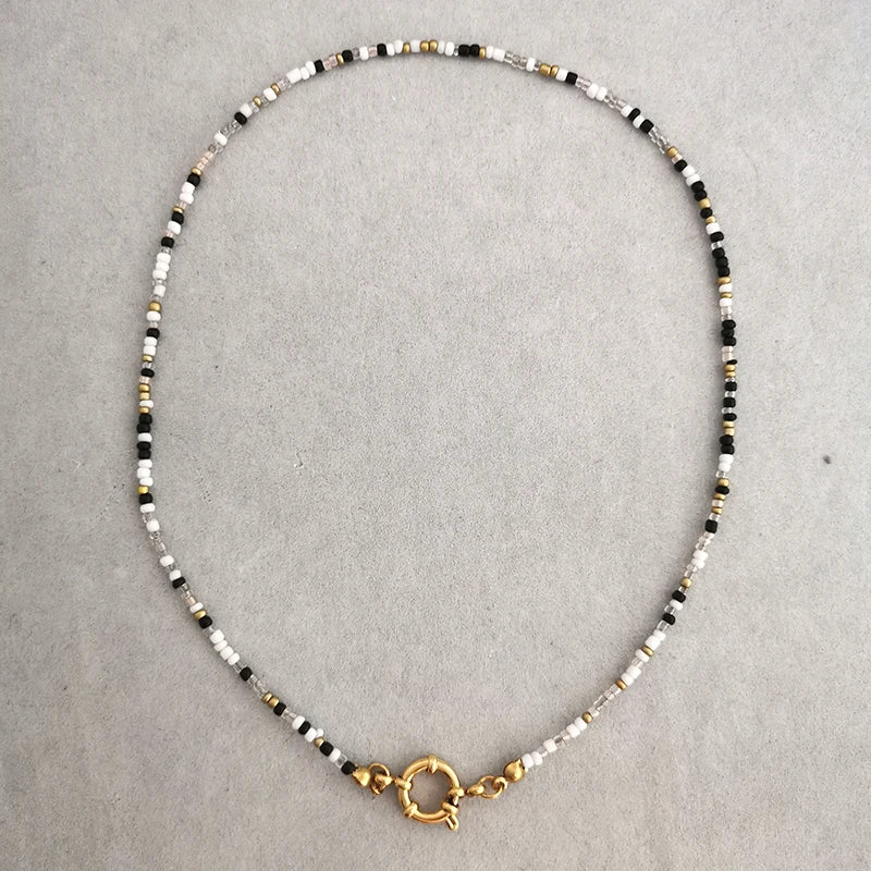 QMHJE Imitation Pearl Necklace Women Choker Seed Beads Rainbow Stainless Steel Clasp Sailor Buckle Base Chain Gold Color Boho