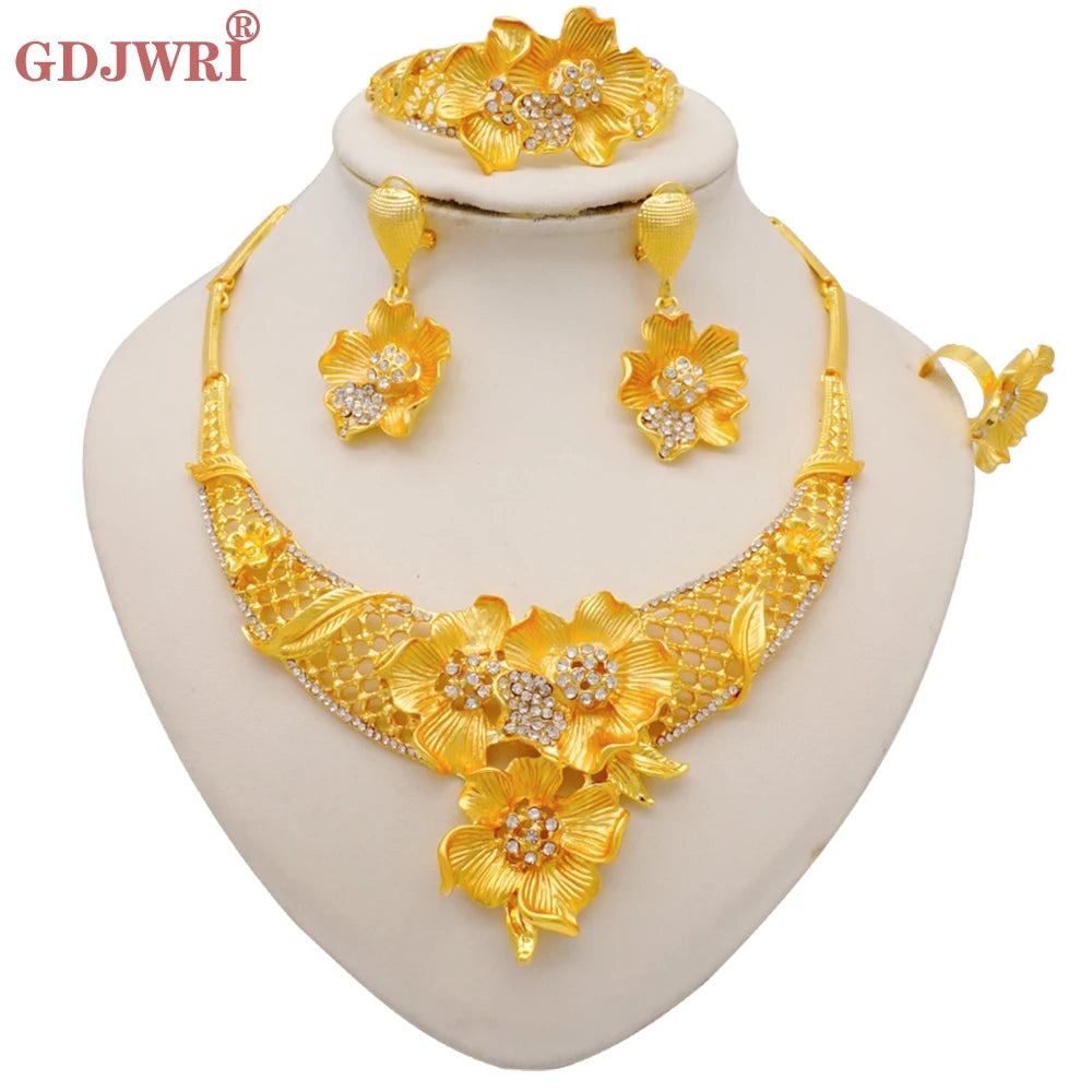 Dubai Gold Color Jewelry Set For Woman Bridal Nigerian African Long Chain Necklace Earrings Bracelet Ring Jewellery Set