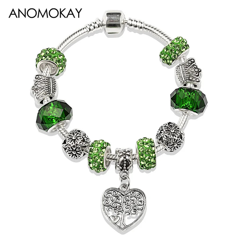 Antique Tibetan Silver Tree of Life Charm Bracelets Green Crystal Flower Bead Bracelet with Heart Diy Jewelry Pulsera Mujer