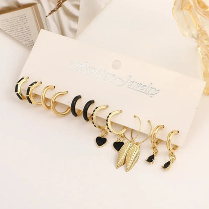 Simple 11 Pcs Black Heart  Leaf Butterfly Earrings Set for Women Fashion Temperament Hoop Earring Holiday Wedding Jewelry Gift