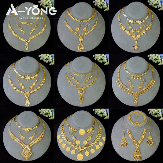 Luxury Dubai Wedding Jewelry Set 21k Gold Plated Arab Bridal Gold Necklace Bracelet Earrings Brazilian Women Vintage Jewelrys