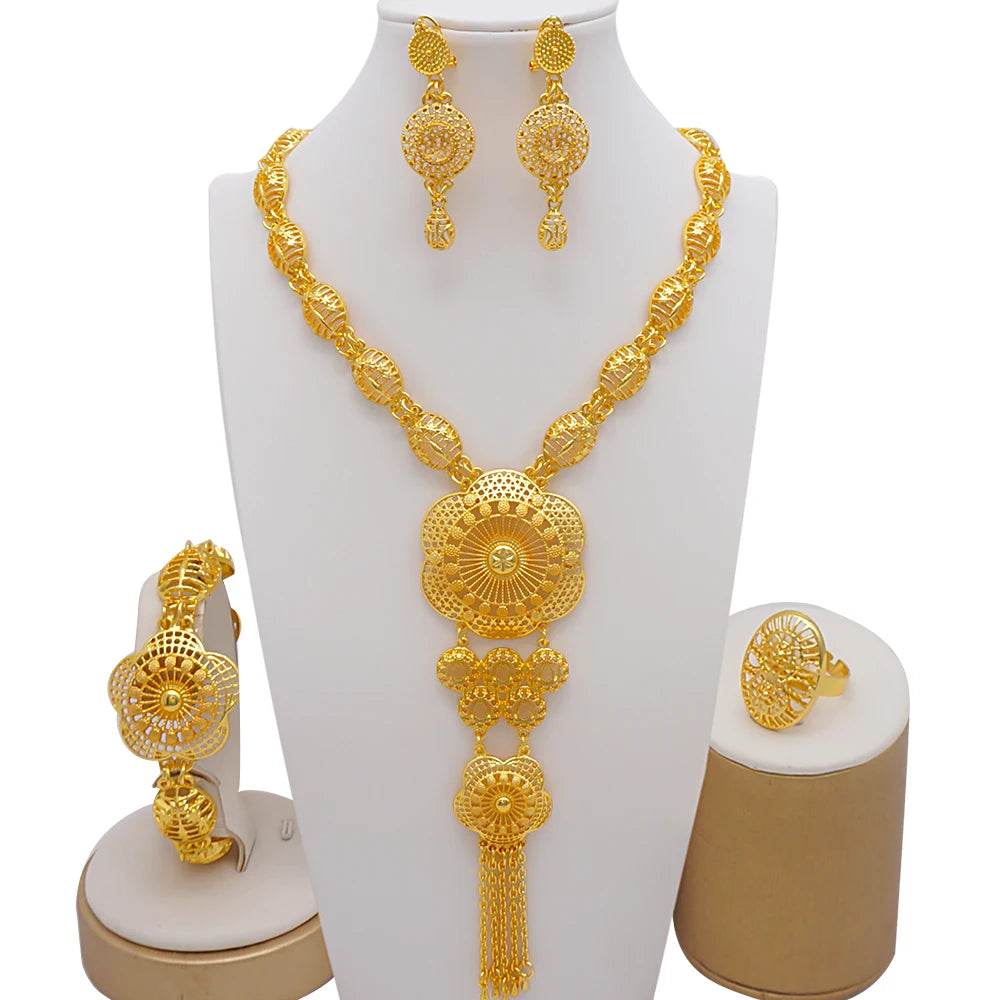 Dubai Gold Color Jewelry Set For Woman Bridal Nigerian African Long Chain Necklace Earrings Bracelet Ring Jewellery Set