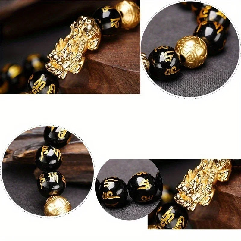 1pc Black Obsidian Stone Beads Pixiu Bracelet for Wealth Luck, Lucky Bracelet for Women Men