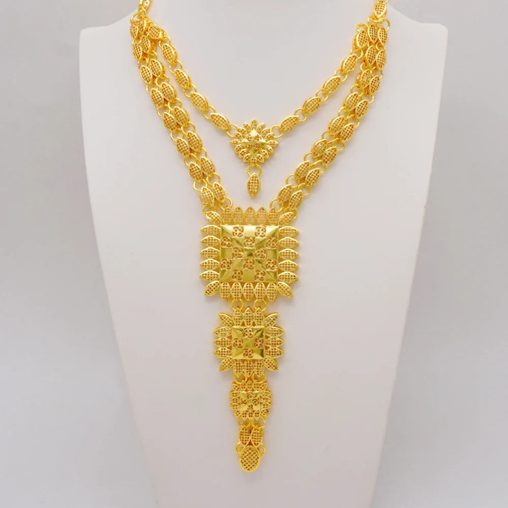 Dubai Gold Color Jewelry Set For Woman Bridal Nigerian African Long Chain Necklace Earrings Bracelet Ring Jewellery Set