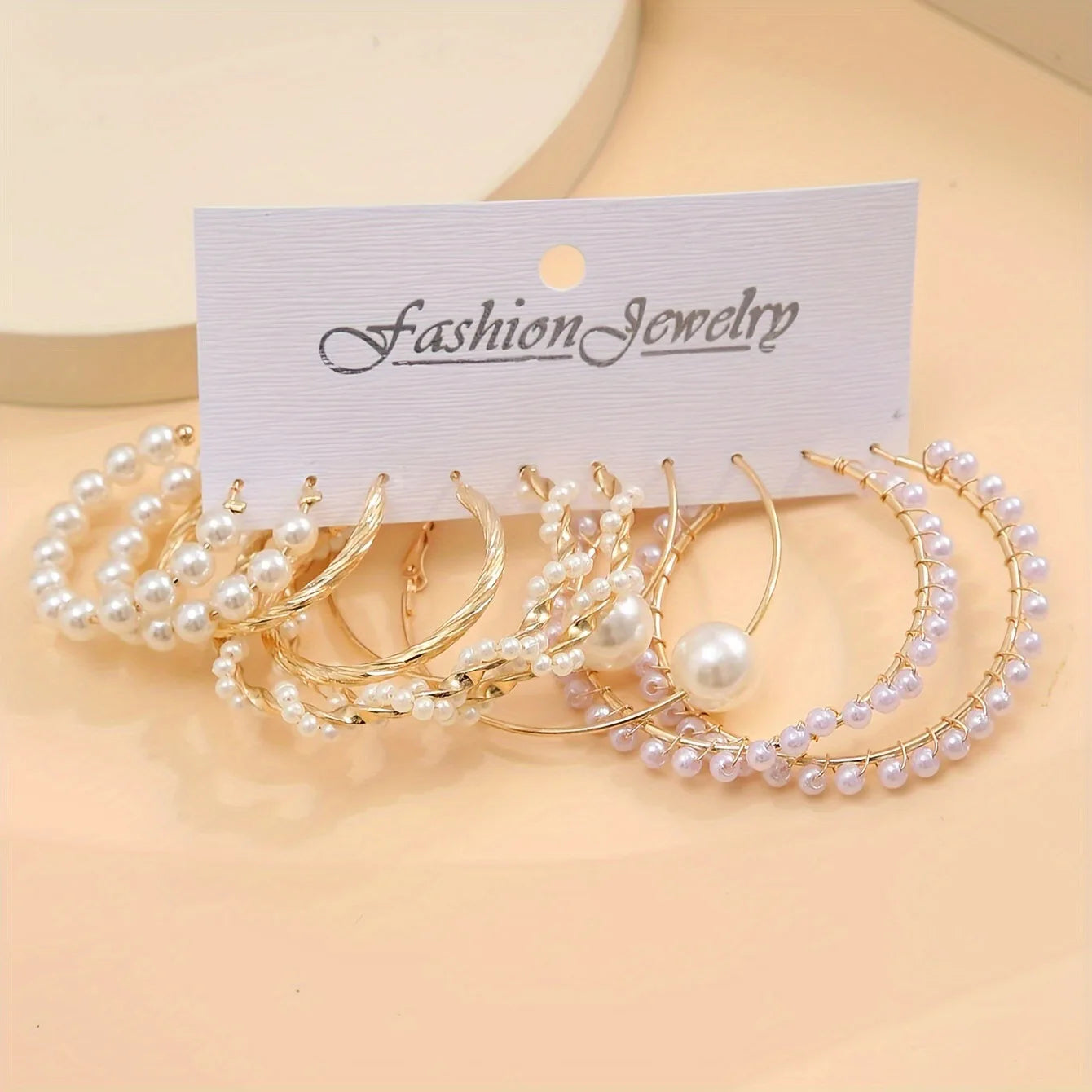 5 Pairs Elegant Wrapped Imitation Pearl Round Hoop Earrings Exaggerated Geometry Big Round Earrings Women's Party Set Jewelry