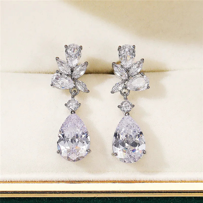 Huitan Luxury Bridal Wedding Earrings for Women Paved Crystal AAA CZ Stone Aesthetic Female Dangle Earrings Party Trendy Jewelry