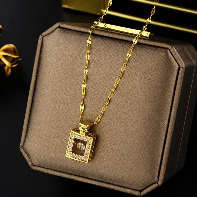 Trendy 18K Gold Plated Zircon Crystal Pendant Stainless Steel Necklace For Women Female Clavicle Chain Jewelry Lady Accessories
