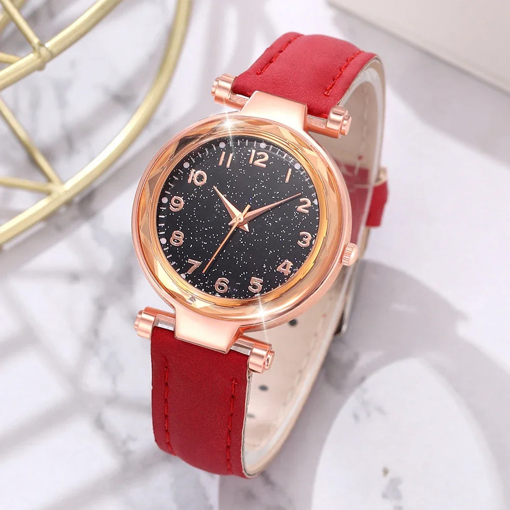 6PCS/Set Red Women's Watch With Minimalist Elements Dial Quartz Watch Latex Strap Cherry Elements Jewelry Set Girl's Gift