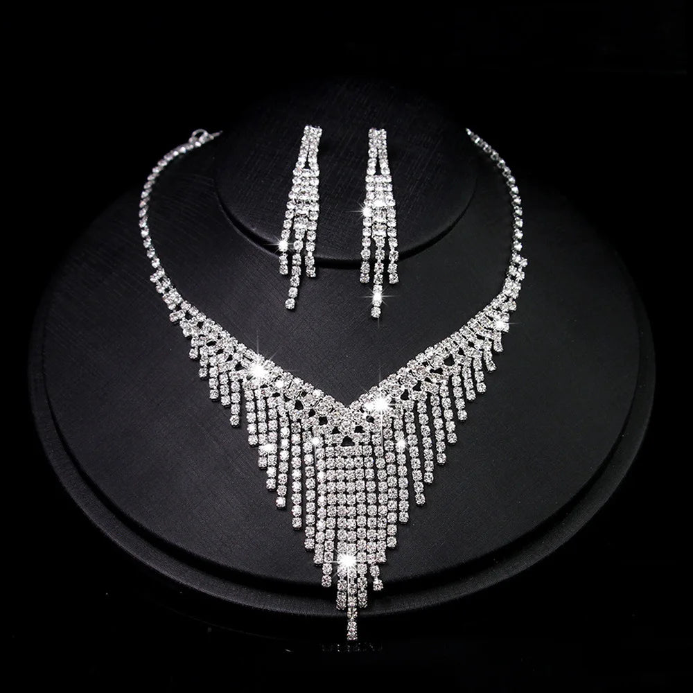 Classic Elegant Crystal Bridal Jewelry Set Shiny Rhinestone Fashion Wedding Dress Banquet Women's Necklace Earring Set