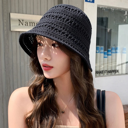 Solid Color Hollow Bucket Hat for Women Summer Breathble Sunshade Dome Basin Fisherman Cap Girls Casual Outdoor Hat