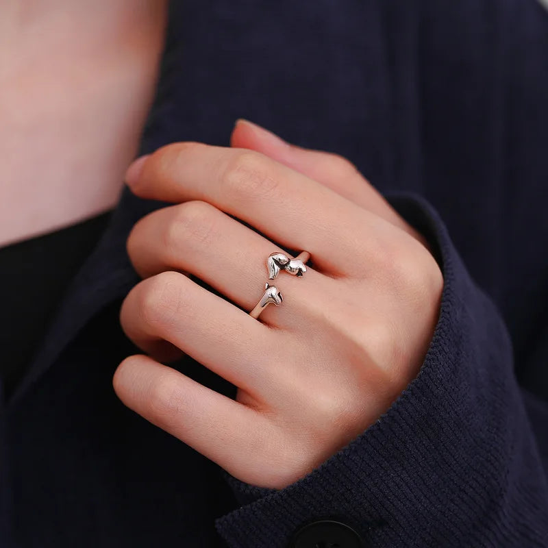 Cute Dachshund Dog Thai Silver Adjustable Rings Original Open Sausage Dog Pet Rings for Women Vintage Animal Jewelry