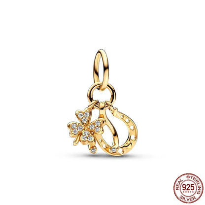Original 925 Sterling Silver Gold Heart Charms Beads Sparkling MapleLeaf Safety Pendant For Women Bracelet DIY Fine Jewelry Gift