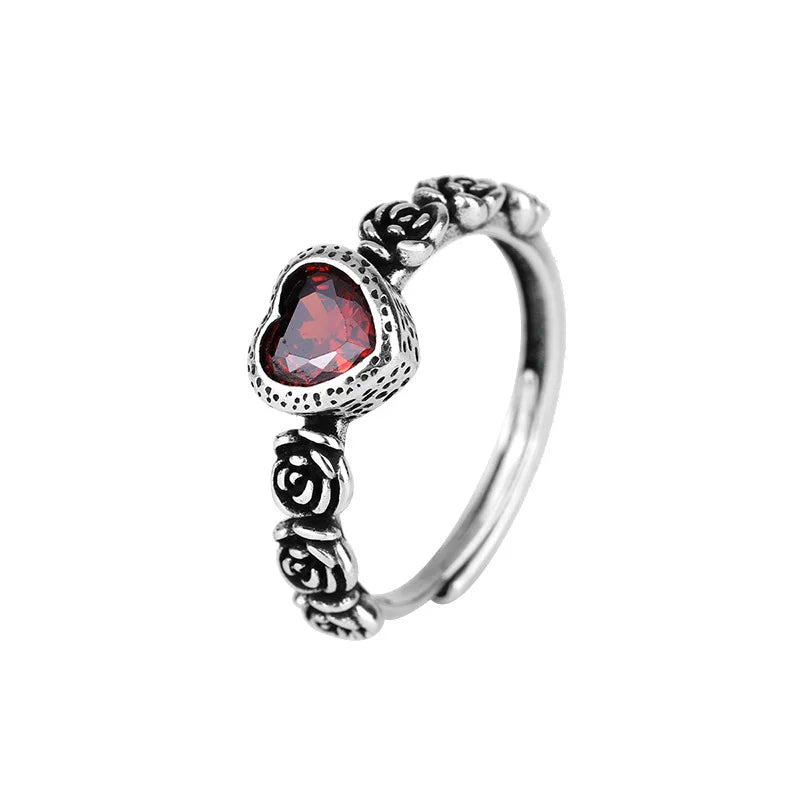 Romantic Love Heart Red Crystal Rose Flower Retro Thai Silver Female Finger Ring For Women Hand Jewellery Accessories
