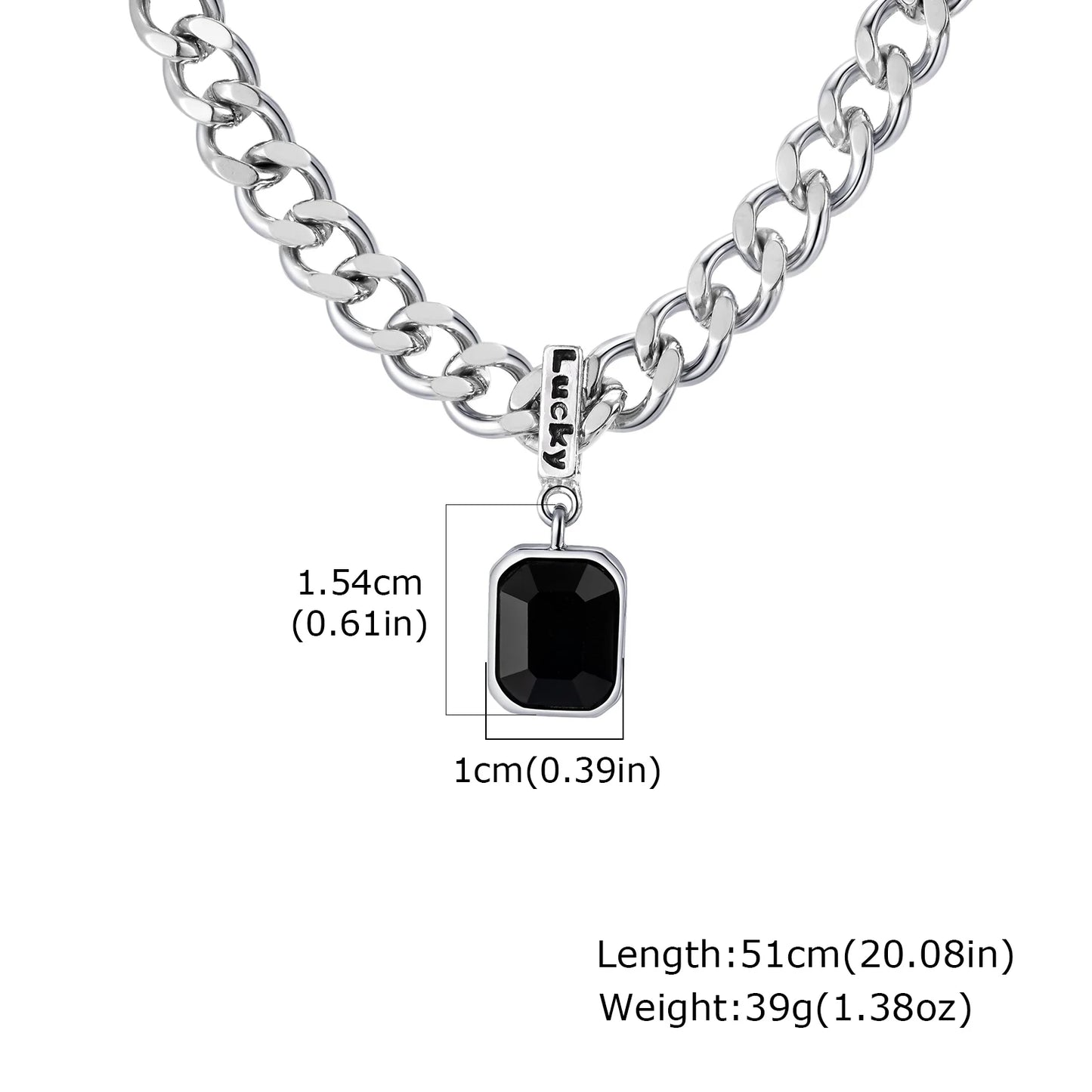 Hiphop Chunky Cuban Chain Necklace for Men Boys,Stainless Steel Lucky Words Square Stone Pendant Collar,Trendy Birthday Gift