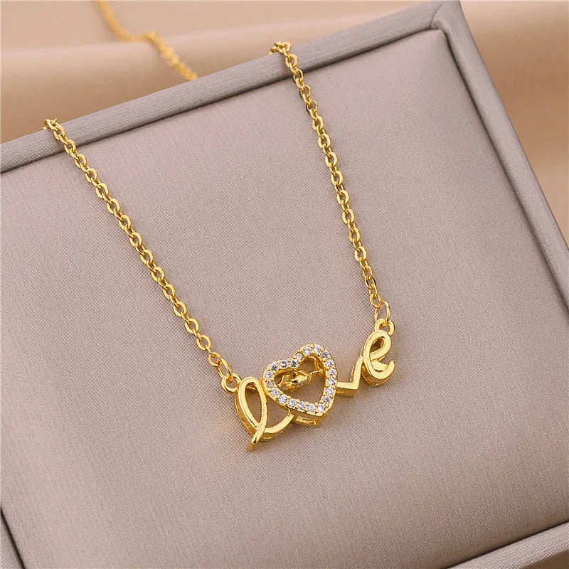 Trendy 18K Gold Plated Zircon Crystal Pendant Stainless Steel Necklace For Women Female Clavicle Chain Jewelry Lady Accessories