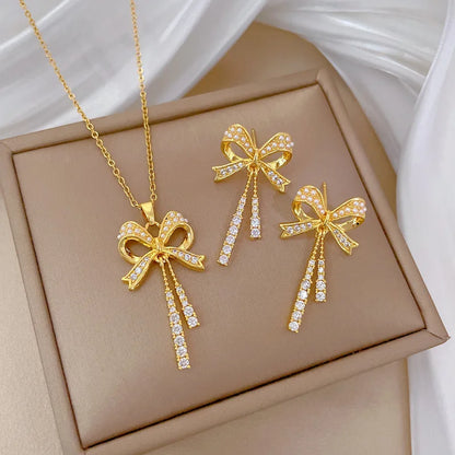 DIEYURO 316L Stainless Steel Butterfly Flower Bowknot Necklace Earrings For Women Girl New Concise Trendy Jewelry Set Gift Party