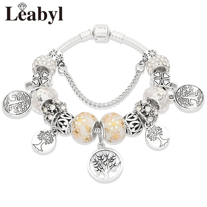 Antique Tibetan Silver Tree of Life Charm Bracelets Green Crystal Flower Bead Bracelet with Heart Diy Jewelry Pulsera Mujer