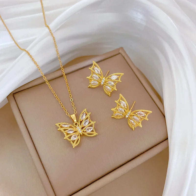 DIEYURO 316L Stainless Steel Butterfly Flower Bowknot Necklace Earrings For Women Girl New Concise Trendy Jewelry Set Gift Party