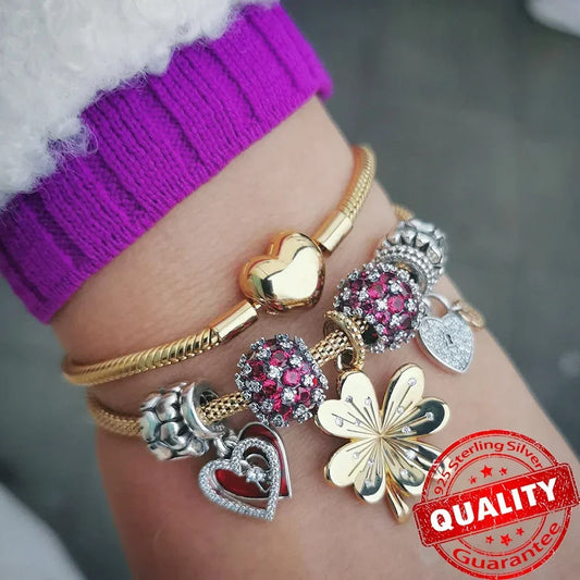 Original 925 Sterling Silver Gold Heart Charms Beads Sparkling MapleLeaf Safety Pendant For Women Bracelet DIY Fine Jewelry Gift