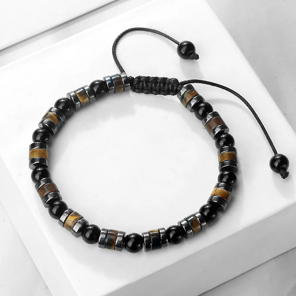 Men Bracelet Natural Tiger Eye Stone Cylindrical Beads Bracelets Hematite Spacer Handmade Adjustable Bangles Women Yoga Jewelry